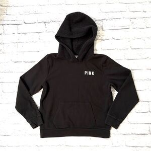 PINK Victoria’s Secret Black Hoodie Sweatshirt Sherpa Fleece Hood Size Large